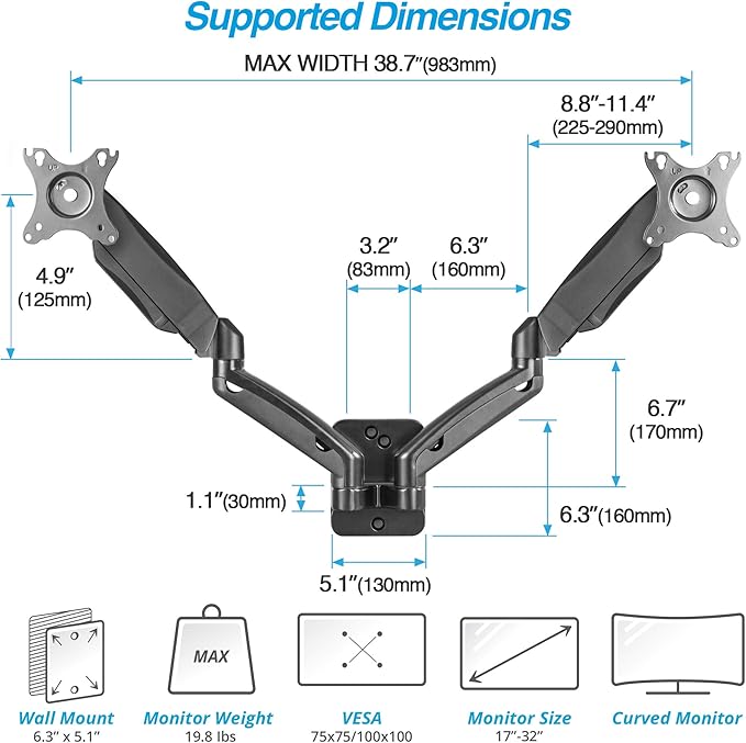 AVLT Dual 17"-32" Monitor Wall Mount fits Two 19.8 lbs Flat/Curved Computer Screen Full Motion Height Swivel Tilt Rotation Adjustable Arm - VESA/Cable Management
