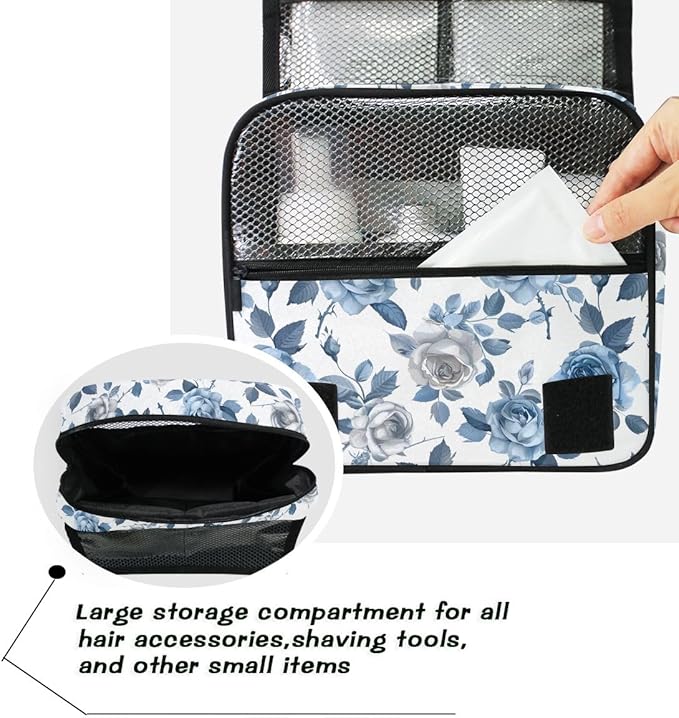 senya Hanging Travel Toiletry Bag Cute Kit Makeup Case Cosmetics Organizer for Men Women (Roses Blue White Pedals)