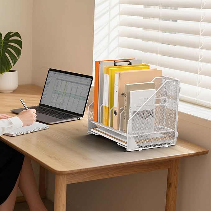 Desk File Folder Holder Organizer-4 Vertical Compartments Racks and Paper Letter Tray,Mesh Magazine File Holder Sorter,Desktop Accessories & Workspace Organizers for Home,Office,School-White