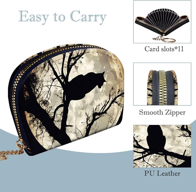 Women's Slim RFID Wallet – Compact Leather Card Holder Wallet for Women, 9 Card Slots RFID Blocking Credit Card Organizer, Small Travel Wallet - Cat and Moon