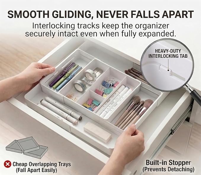 4-Way Expandable Drawer Organizer, Up to 13 Compartments Desk Divider with 6 Adjustable Dividers & Non-Slip Pads, Low Profile Tray (2.2" Tall) for Office, Makeup Vanity, White