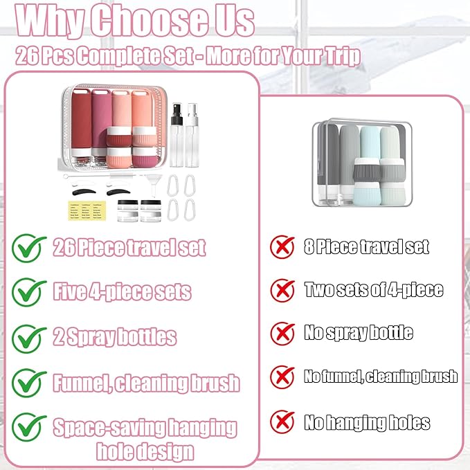 26 Pcs TSA Approved Travel Toiletry Bottles Set, Leakproof Silicone Refillable Travel Containers with Hanging Hole & Carabiner, Travel Essentials, for Shampoo Conditioner Lotion Body Wash