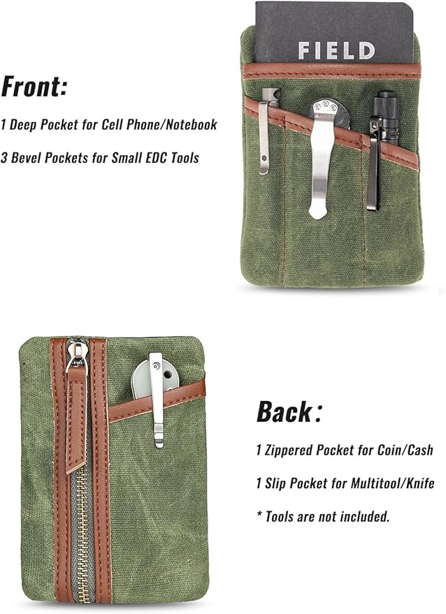 Sayram SP6 EDC Pouch, Waxed Canvas Compact Pocket Organizer, EDC Pocket Pouch for Men, Zippered Pocket Pouch, Mini EDC Organizer for Everyday Carry, Multitool Organizer Pouch (Oil Wax Green)