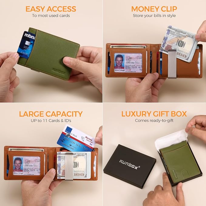 RUNBOX Slim Money Clip Wallets for Men and Teen Boys RFID Blocking 11 Card Holder Minimalist Small Leather Bifold Novelty Men's Wallet Front Pocket Gift Box