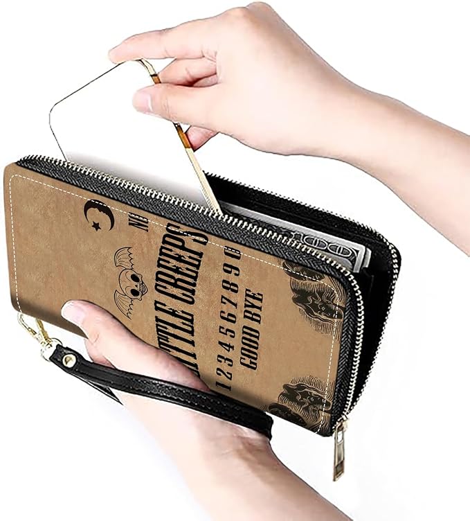 Women's Large Capacity Wallet PU Leather Zip Around Clutch Purse Multifunctional Wallet with Removable Wristlet Strap for Smart Phone/Coin/Card/Cash, Ouija Board