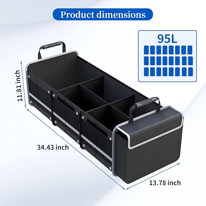 Collapsible Trunk Organizer for Car with Insulated Leakproof Cooler Bag, 3 Compartments SUV Cargo Organizer w/Removable Dividers, 5-in-1 Storage w/Foldable Lid & 2 Tie-Down Straps (Black)