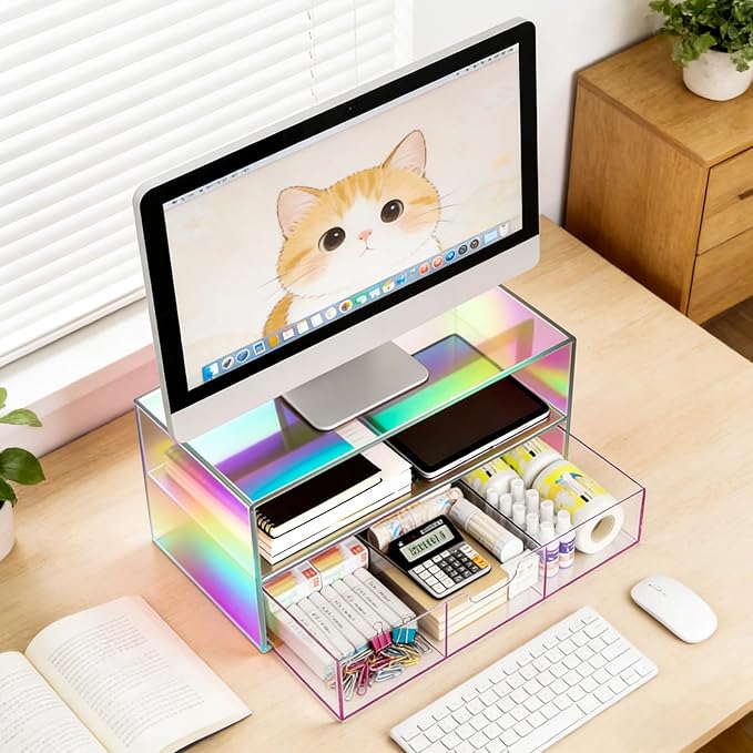 Gelite Acrylic Computer Monitor Stand for Desk Monitor Riser with Drawer Desktop Monitor Shelf with Storage, Iridescent