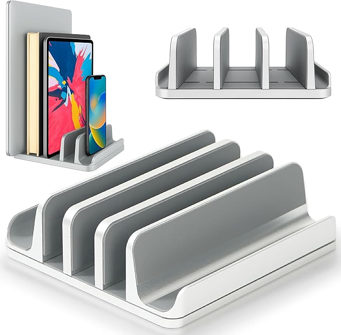 Elestoria 5- Slot Vertical Laptop Stand - Aluminum Laptop Stand Vertical for Desk - Fits MacBook Pro/Air, Surface, Mobiles & Gaming Laptops up to 17.3" - Heavy Duty Laptop Holder for Desk - (Silver)
