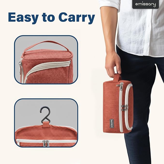 emissary Travel Hanging Toiletry Bag, Lightweight Travel Makeup Organizer for Women, Waterproof Cosmetic Makeup Bag Organizer with Hanging Hook for Accessories,Essentials, Toiletries, Red