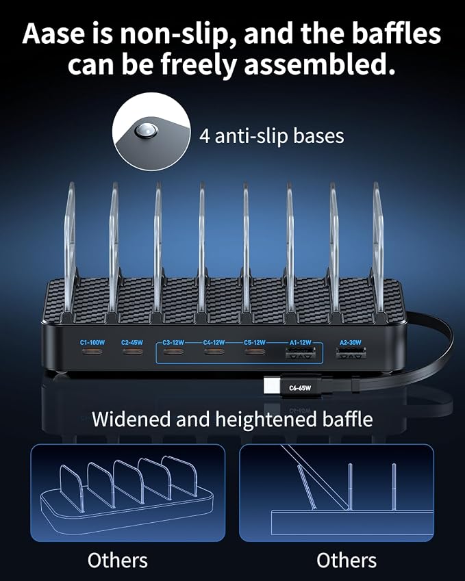 288W Charging Station for Multiple Devices, 8-Port Multi USB C Fast Charger Station Dock with Adjustable Dividers & 7 Cables,Multi-Purpose Desktop and Wall Fast Charger for iPhone, iPad,Tablets & More