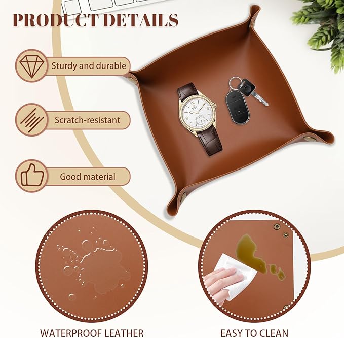 3 Pack Leather Valet Tray, 3 Sizes Catchall Tray Desk Organizer for Key Jewelry Trinket Watch Perfume Coin, for Entryway Table Nightstand Dresser Vanity Travel, Brown