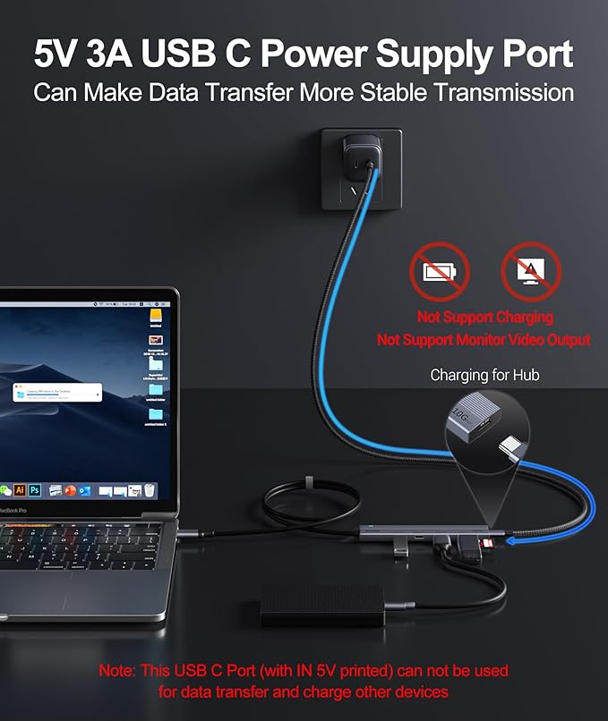 Aceele 10Gbps USB C Hub Splitter with 2 USB A 3.2 & 2 USB C 3.2 + Type-C Power Port, USB 3.2 Gen 2 Hub with 3.3ft Extender Cable for MacBook Pro/Air, Etc(Not Support Charging/Monitor)