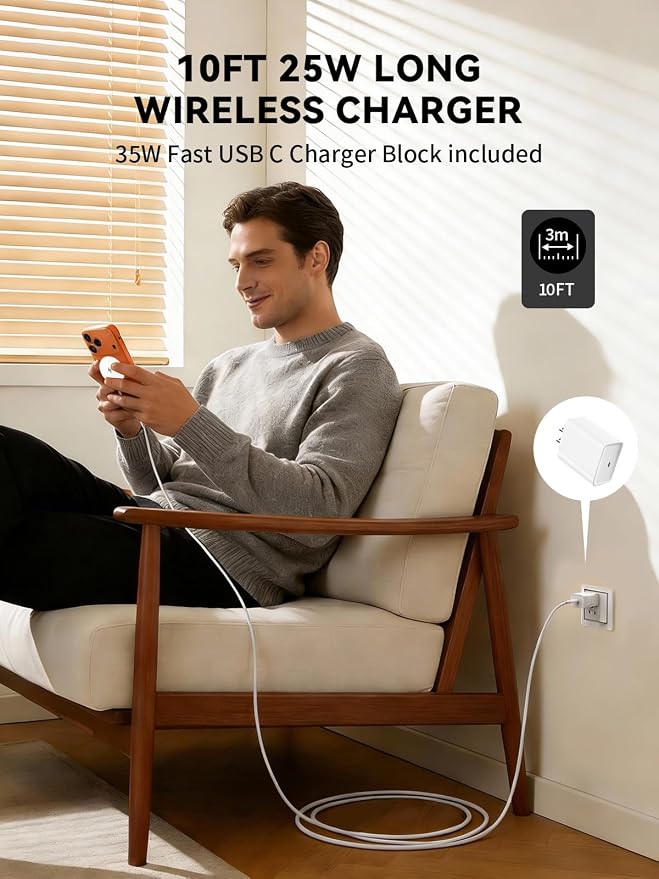 25W Mag Safe Charger 10FT,iPhone 16 17 Magnetic Wireless Fast Charger Wireless Mag Safe Fast Charging Pad with 35W USB C Brick Block Plug for iPhone Air 17/16/15/14/13/12 Pro Max Plus, AirPods Pro 2/3
