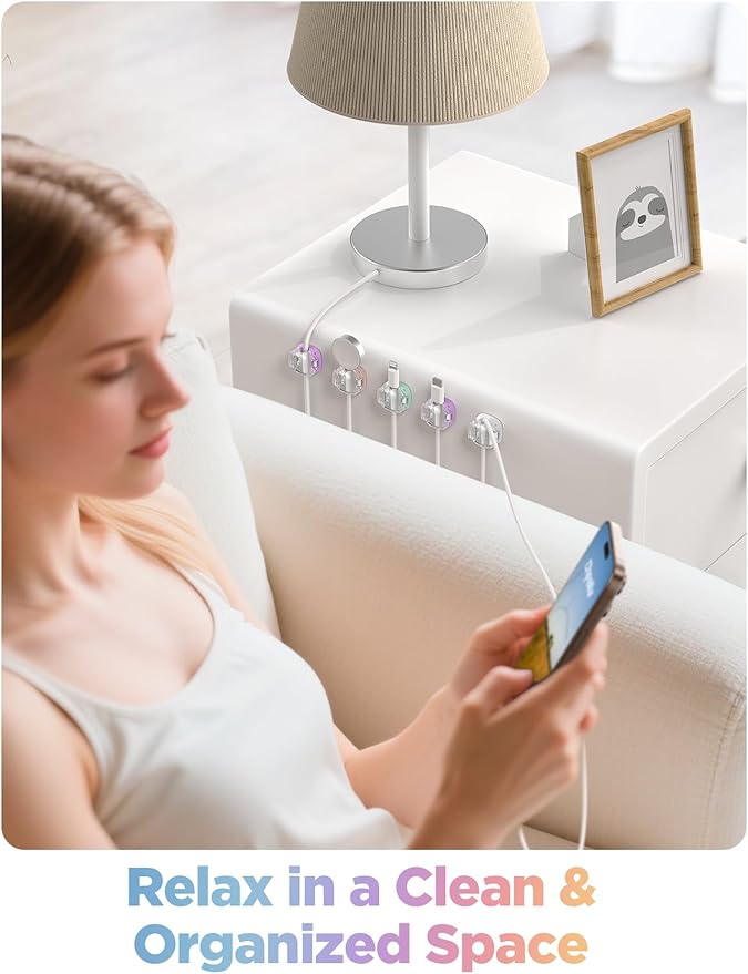 Cable Clips,12 Pack Cord Holder Cord Organizer [1s Lock & Strongest Adhesive] Spring Cord Clips Phone Charger Wire Desk Cable Management Nightstand Home Office School Decor Women Cute Desk Accessories
