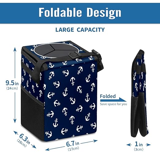 Car Trash Can Nautical Anchor Navy Blue Auto Garbage Bag Car Trash Can with Lid Leak-Proof Car Storage Bag Auto Garbage Bag Hanging for Headrest Collapsible and Portable with Storage Mesh Pocket