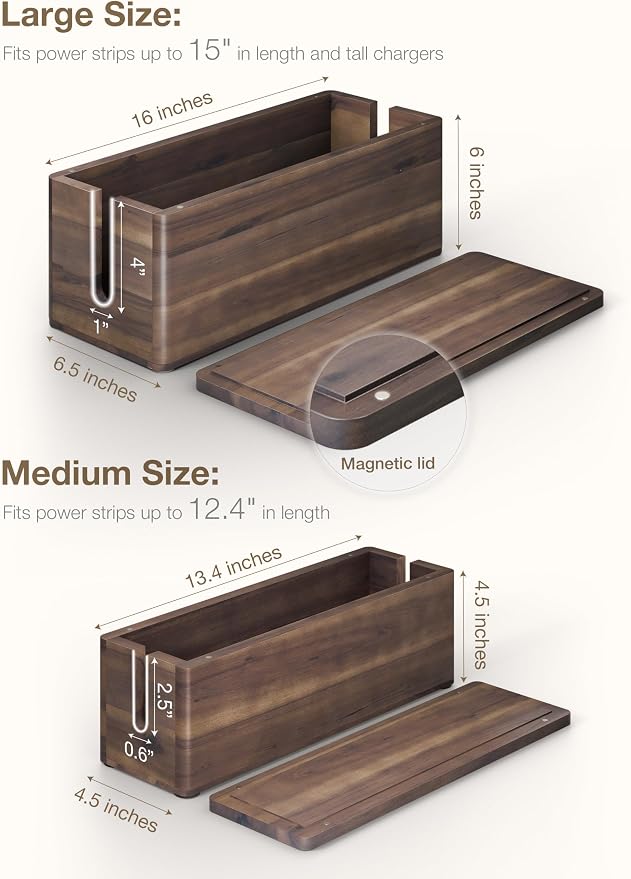 TIDITA Acacia Large Cable Management Box - Set of 2 Cord Box Hider for Office - Cable Hider Box, Surge Protector Box for TV Wires, Desk - Power Strip Box with 2 Open Slots, Magnetic Lid (Walnut color)