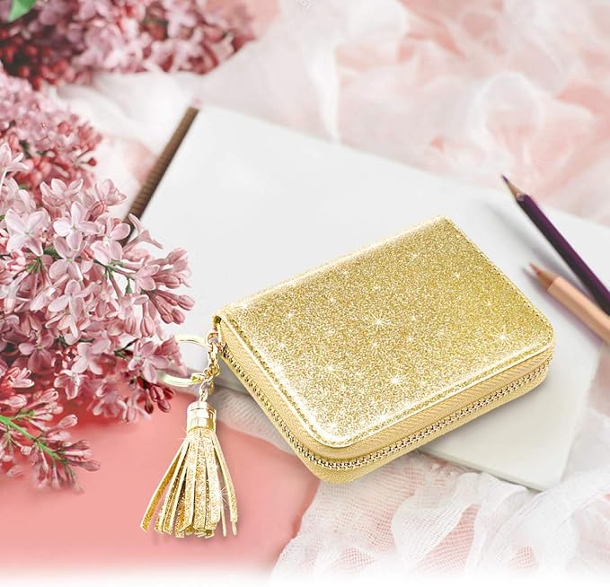 Coco Rossi Women's Small Credit Card Wallet RFID Cute Glitter Card Holder for Women, Gold