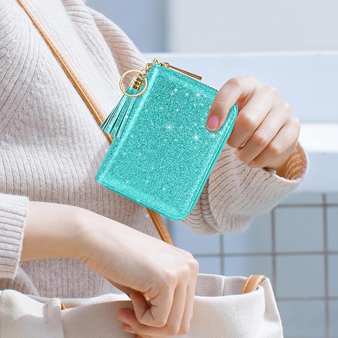 Coco Rossi Women's Small Credit Card Wallet RFID Cute Card Holder for Women with Tassel, Blue Green Glitter