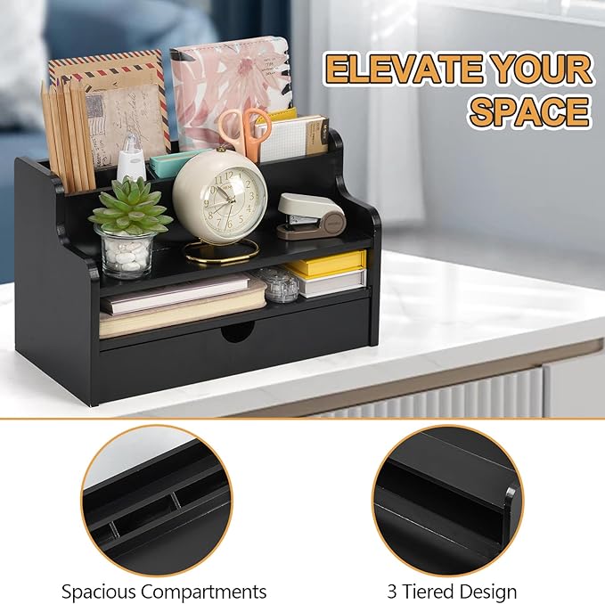 Mail Organizer Countertop, 4 Slots Desk Organizer with Drawer and Shelf, Wooden Mail Sorter for Desk, Desktop File Holders for Storage Pens, Envelopes and Bills