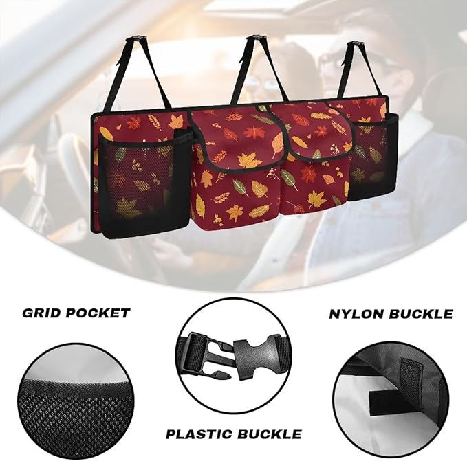 Car Trunk Organizer Thanksgiving Maple Leaves Prints Hanging Car Back Seat Storage Bag with 4 Large Pockets Multipurpose Collapsible Storage Bag Automotive Interior Accessories