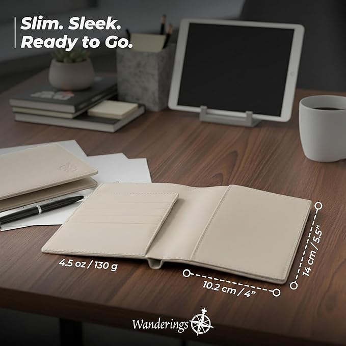 WANDERINGS Leather Passport Holder for Travel – RFID Blocking Passport Wallet & Cover for Men and Women – Slim Travel Wallet Case with Card Slots – Genuine Full Grain Leather – 5.5" x 4" - Oat Color