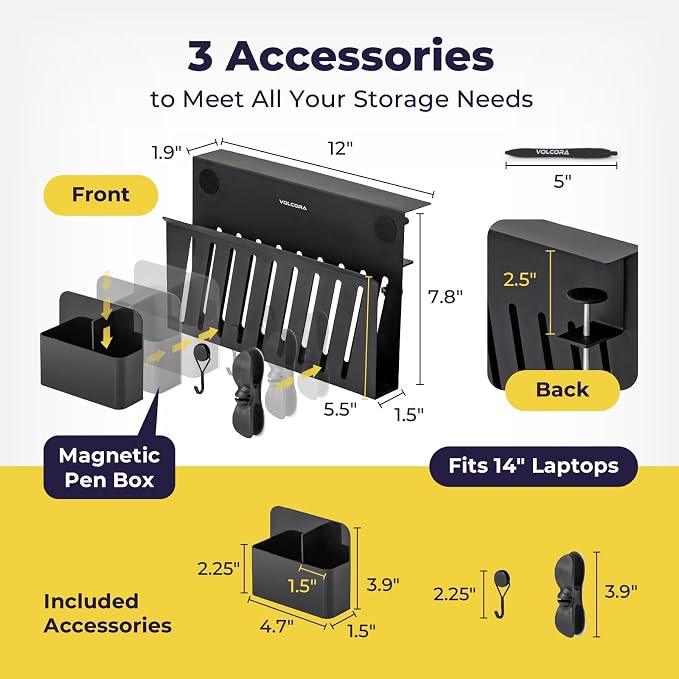 Volcora Side Storage, Under Desk Laptop Holder, No Drill Organizer with Magnetic Pen Box, Cable Clamp, Hanging Organizer, Laptop Mount File Holder for Office and Home, 1 Tier Black