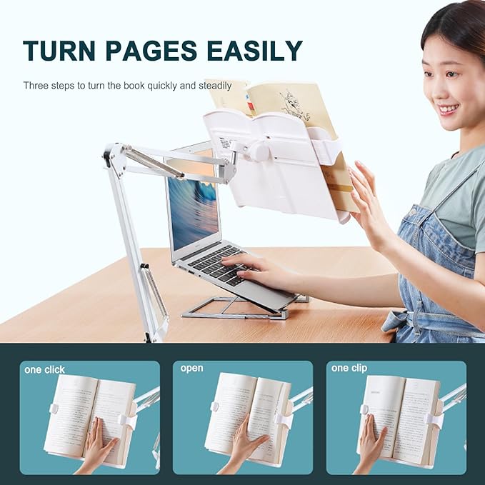 Buhelyc Book Stand for Reading, Desktop Reading Mount Holder with Clamp, Table Side Design, Height Adjustable, 180° Adjustable, Sturdy Page Clips, Metal Material for Workers, College Students