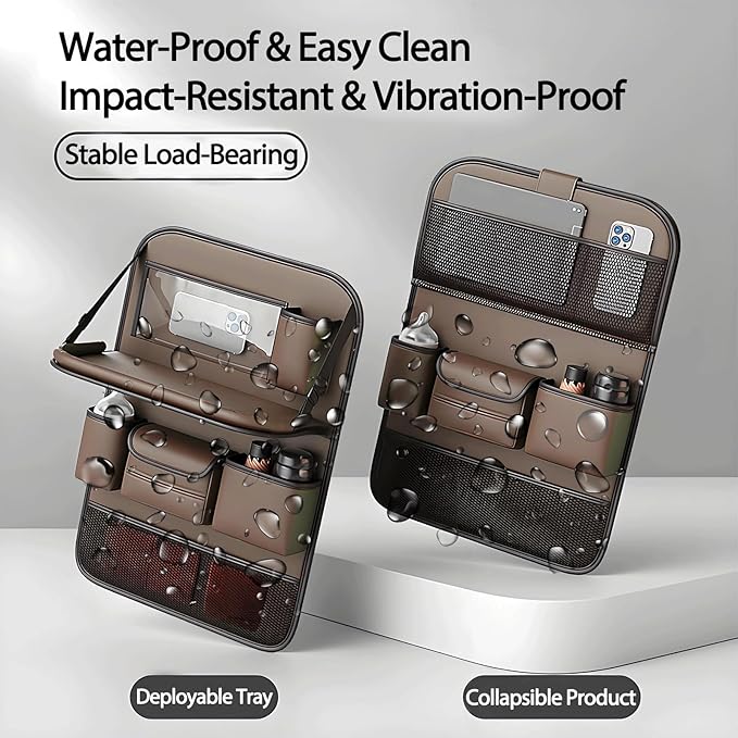 Universal Foldable Car Backseat Organizer with Table Tray, Car Seat Back Protector with Touch Screen Phone Holder, Premium Leather Kick Mats with Storage Pockets Tissue Holder (Brown)