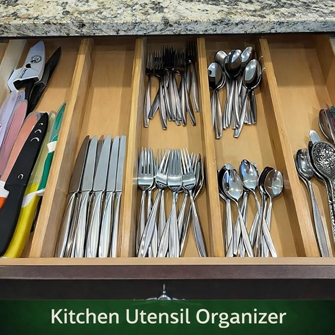 6 Pack Bamboo Drawer Dividers Adjustable ??Expandable Drawer Dividers for Kitchen Drawer Organizer, Dresser Drawer Dividers, Drawer Dividers for Clothes, Wooden Drawer Organizer for Kitchen & Cabinet