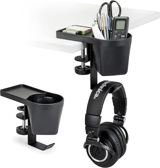 EHO Clamp-On Desk Pen and Cup Holder, 3-in-1 Stationery Organizer with Pencil and Accessory Storage, Reversible Hanging Hook, Space-Saving Desk Clamp Organizer, TAA-Compliant