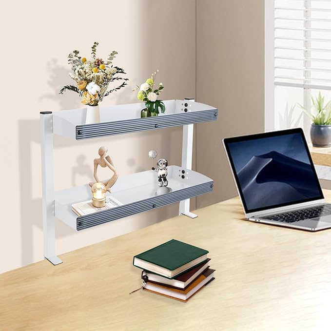 Clamp on Desk Shelf for Working Accessories, 2 Tier Office Desk Shelves Organizer with 2 Mounting Forms, Desktop Supplies Storage Rack with Steel Tray, Heavy Duty Desk Organizers, White