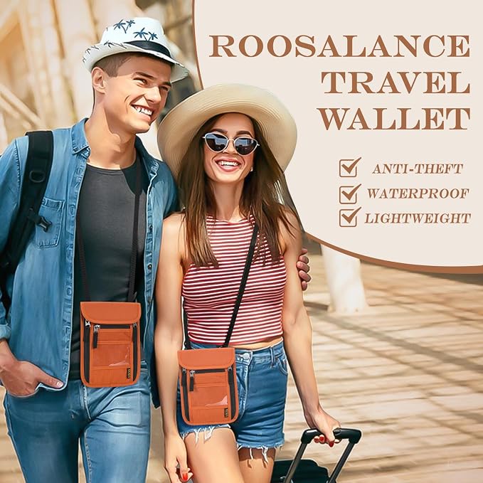 Passport Holder for Travel, Neck Pouch Travel Wallet With RFID Blocking, Waterproof Lightweight Passport Wallet for Women and Men (Orange)