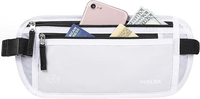 RFID Blocking Money Belt - Passport Holder & Travel Wallet, Slim Hidden Fanny Packs for Women Men - White
