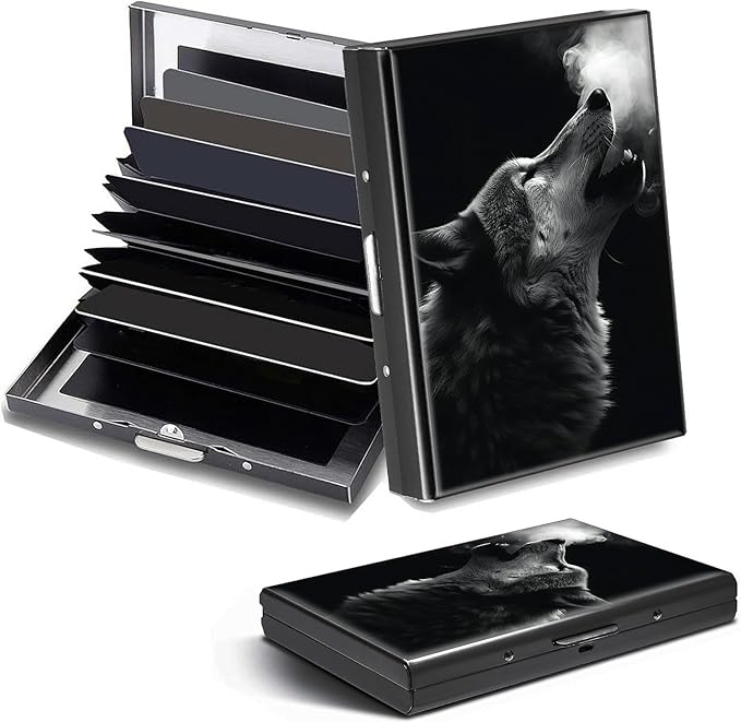 Credit Card Holder, Winter Wolf Howling Design Mini RFID Blocking Aluminum Wallet Slim Metal Hard Case Shell Travel Wallet ID Case Small Credit Cards Case Business Cards for Women Men Girls