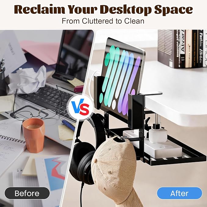 Desk Side Storage Organizer, Under Desk Laptop Mount, Clamp-On Vertical Laptop Holder, No Drill Metal Shelf with Headphone Hook & Power Strip Holder, Black