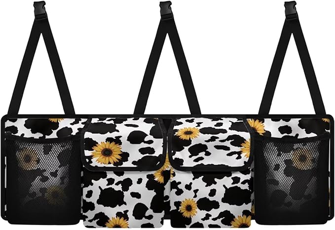 Sunflower Cow Pattern Car Backseat Trunk Organizer Auto Hanging Seat Back Storage Collapsible Car Storage Bag Car Interior Accessories for SUV, Truck, MPV,Van