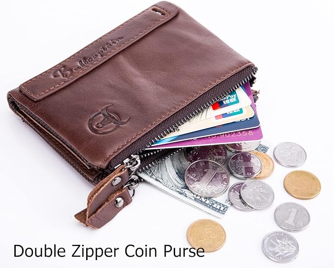 BULLCAPTAIN Genuine Leather Wallet for Men Vintage Bifold Double Zipper Coin Purse (Coffee)