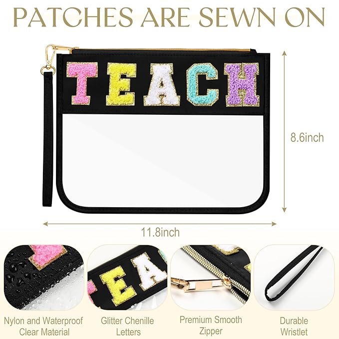 Abbylike 12 Pcs Snack Bags Chenille Letter Teach Zipper Pouch Waterproof PVC Large Bag for Travel Makeup Cosmetic Storage Organizer for Mom Team Cheerleaders Teacher (Black)