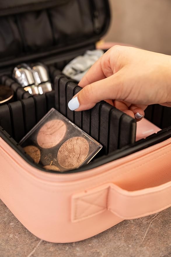 Makeup Bag Travel Case, Not-Made In China, Hard Train Case for Cosmetics, Portable Beauty Artists Organizer, Cosmetic Storage Box With Adjustable Dividers For Make Up and Brushes, Small Pink
