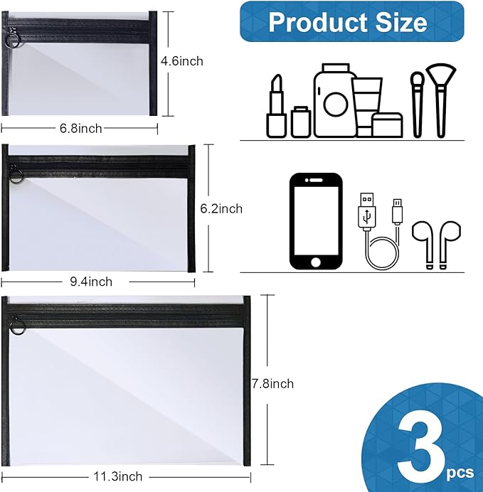 TSA Approved Clear Toiletry Bags, 3 Pack Waterproof PVC Travel Organizer Pouches with Zipper, Transparent Makeup Cosmetic Cases for Airport Security