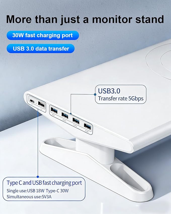 Computer Monitor Stand Riser for Desk with Usb Hub Charging,30W/5Gbps Usb C Docking Station with Power,4.4-5.7'' Height Adjustable with Phone Holder,Monitor Stands Riser for PC,Laptop,Printer(White)