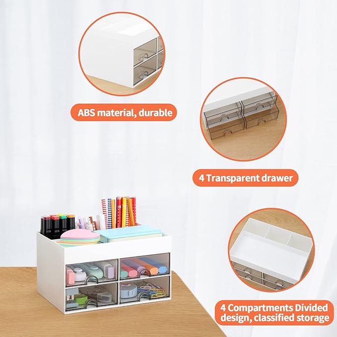 LETURE Desktop Organizer with Drawer, Accessories Stationary Organizer Desk Caddy, Pen/Pencil/Business Card/Sticky Note Tray/Paperclip Holder Storage Box (White)