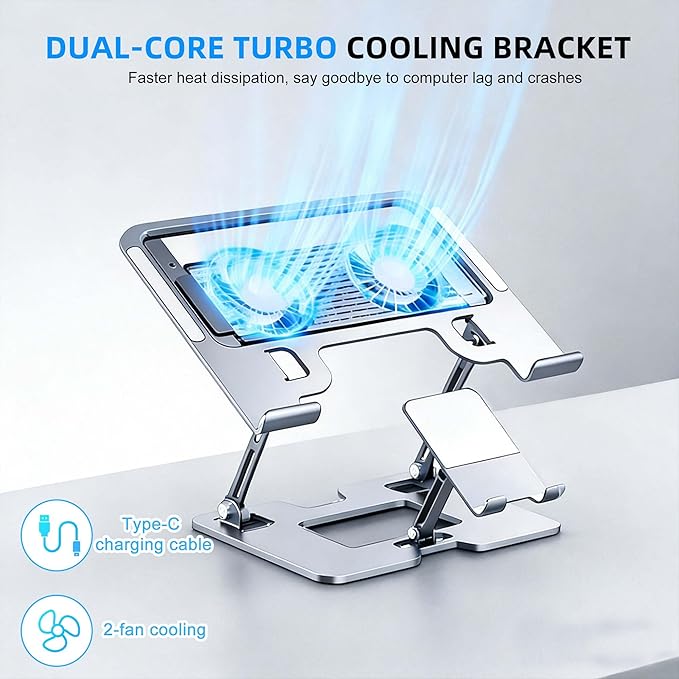 Ergonomic 2-in-1 Laptop Stand for Desk with Fans,Adjustable Laptop Riser with Phone Holder,Computer Stand for Laptop,Sturdy and Portable Stand,Compatible with All Laptops and Phones White