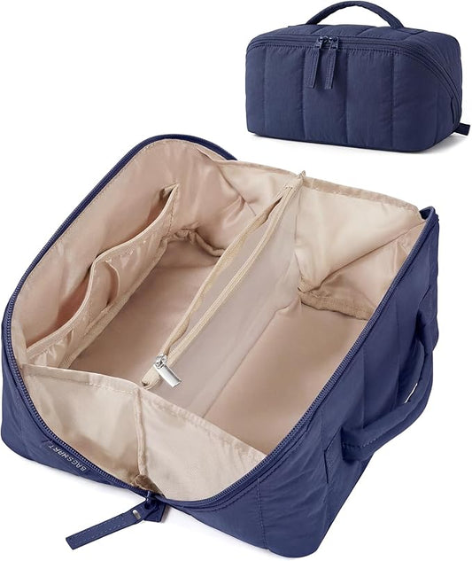BAGSMART Travel Makeup Bag for Women, Portable Water-resistant Cosmetic Case, Puffy Padded Make Up Organizer Pouch, Open Flat Toiletry Bag for Toiletries, Brushes, Navy Blue