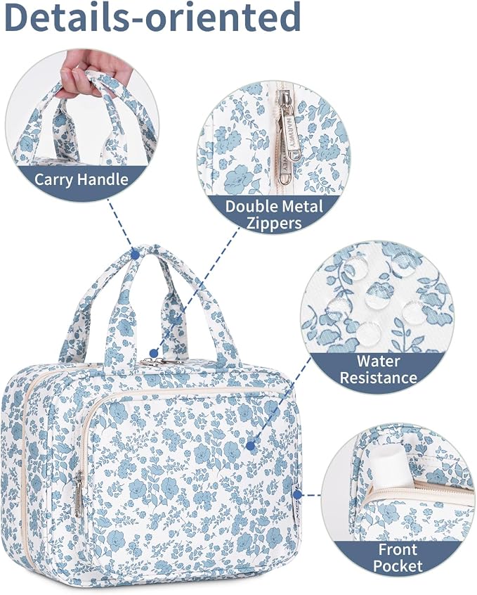 Narwey Hanging Floral Toiletry Bag for Women Travel Makeup Bag Organizer Toiletries Bag for Travel Size Essentials Accessories Cosmetics (Blue Flower (Medium))