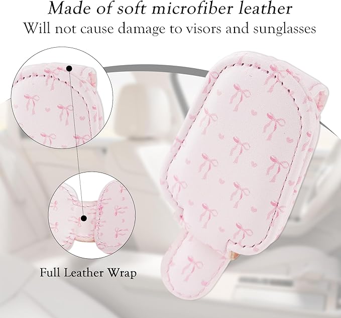 HemerVows Sunglass Holder for Car, Sweet Pink Bow Hearts Print Magnetic Leather Visor Sunglasses Holder Clip, Universal Sun Visor Accessory Eyeglass Clip for SUV Pickup Truck