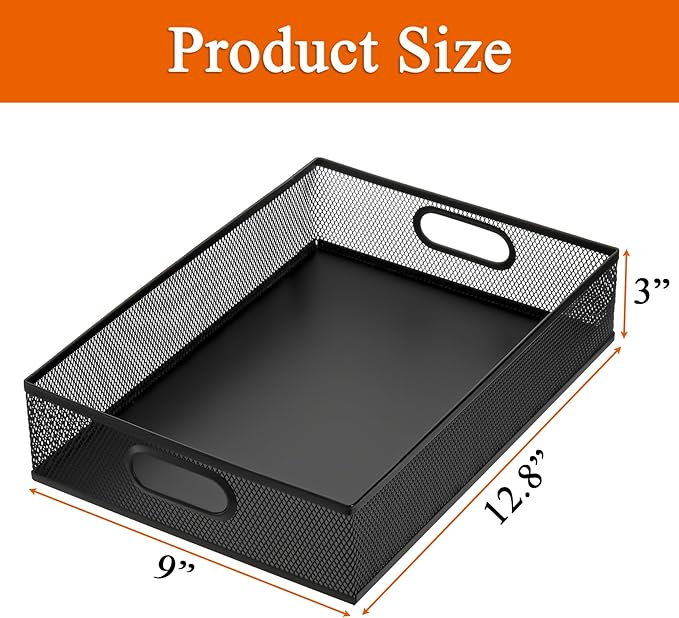 Elsjoy 2 Pack Desk Drawer Organizer Tray, Metal Mesh Desktop Storage Tray Office File Organizer with Handle, Portable Large Storage Basket for Office Supplies, Craft, Magazine, Paper