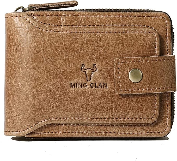 MING CLAN Men's Zipper Wallet, Tobacco Leather, RFID Blocking, Big Capacity, Flap ID Window, 12 Credit Card Slots, 2 Bill Compartments, 2 Vertical Pockets