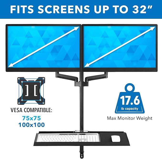 Mount-It! Dual Monitor Arm Wall Mount Workstation with Keyboard Tray & CPU Holder, Height Adjustable Gas Spring Full Motion Computer Station, Fits 17??2??VESA 75x75 100x100, Black