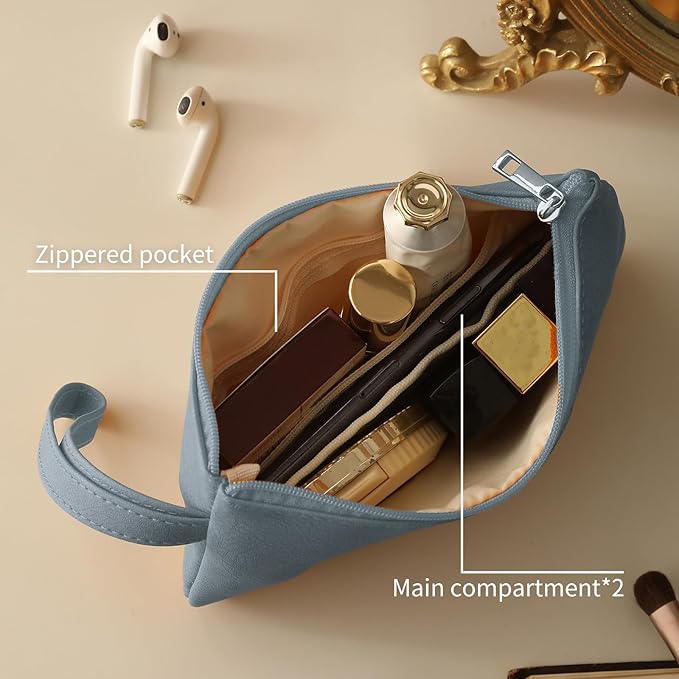 RIGHT AWAY Makeup Bag Travel Cosmetic Bag,Portable Make up Organizer With Handle,Small purse pouches Cell Phone Purse with Compartments for Women Girls（Blue）